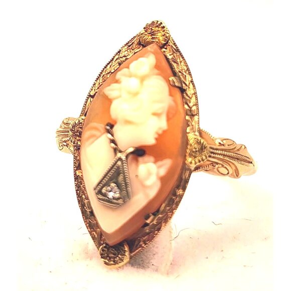 Vintage Cameo Ring With Diamond Accent In Ornate Gold Setting Original Box RARE - Picture 7 of 14